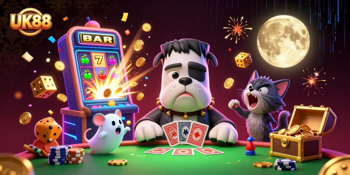 Experience exciting spins at UK88 with a cartoon bulldog dealer and dynamic casino elements.