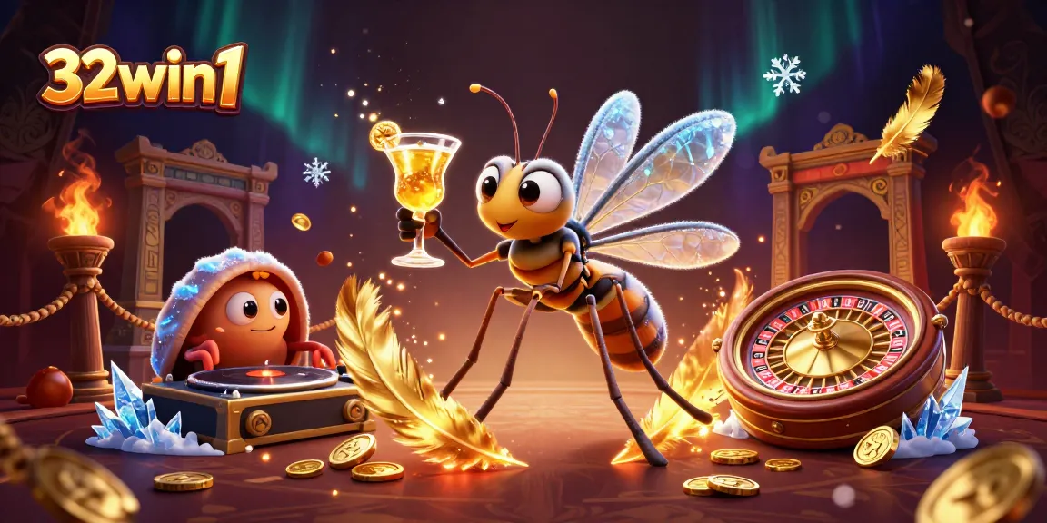 Experience exciting casino action with 32win1 featuring animated characters in a vibrant digital illustration.