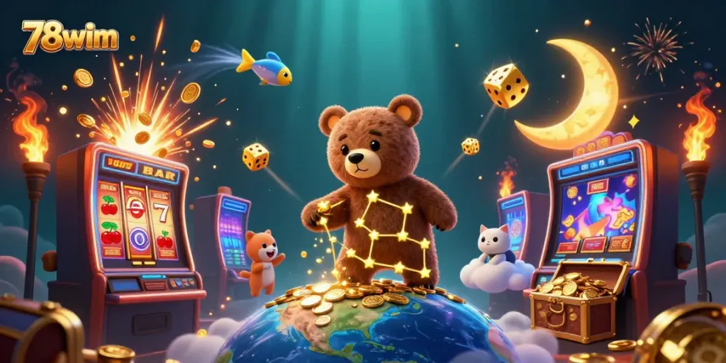 Engage in thrilling gameplay with 78wim's vibrant casino world, highlighted by a dynamic scene of a constellation bear and slot machine.