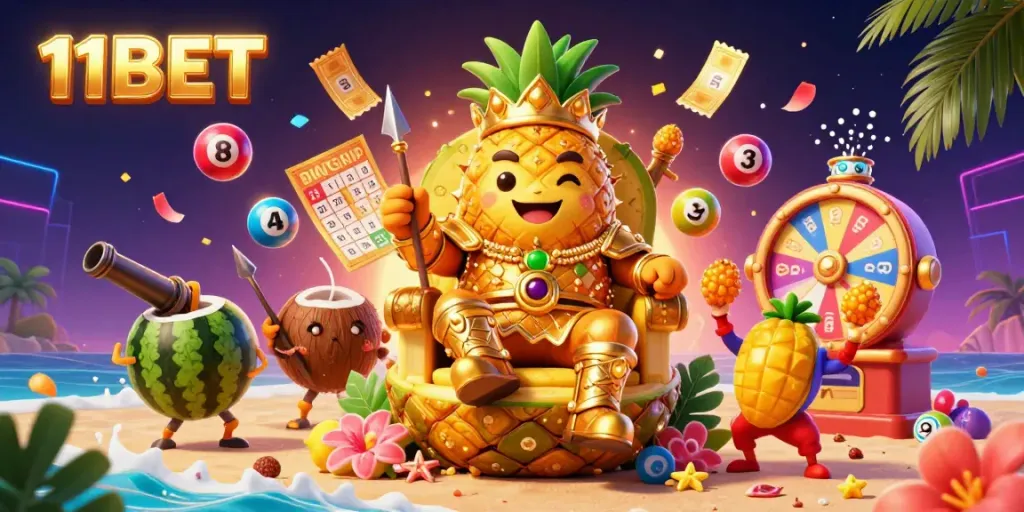 Join the 11BET gaming experience with vibrant lottery elements in this dynamic casino illustration.