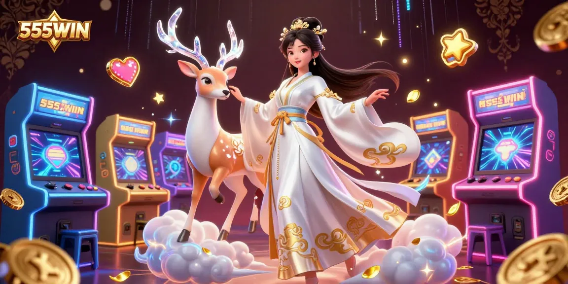 Engage in thrilling casino action at 555WIN with vibrant games, neon lights and a stunning lucky motif.
