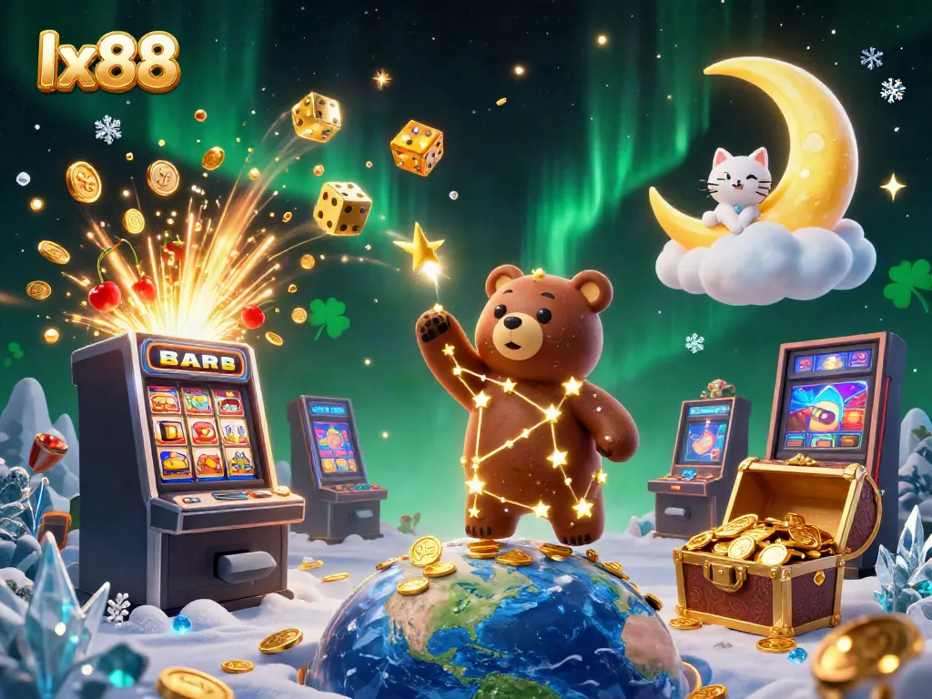 Spin and win with lx88 in a vibrant casino-themed 3D illustration featuring a jackpot burst and charming characters.