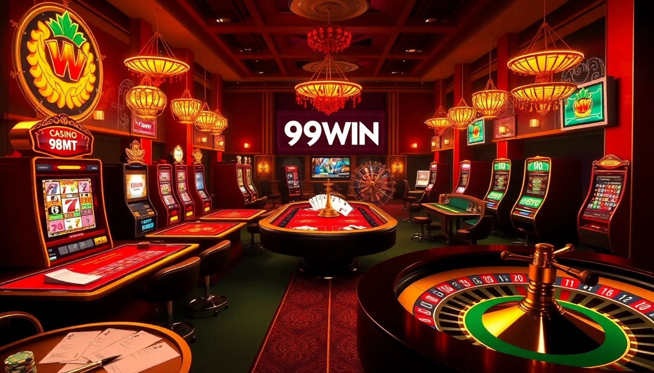 Engaging gaming experience at 99WIN Casino with vibrant slot machines and luxurious ambiance.