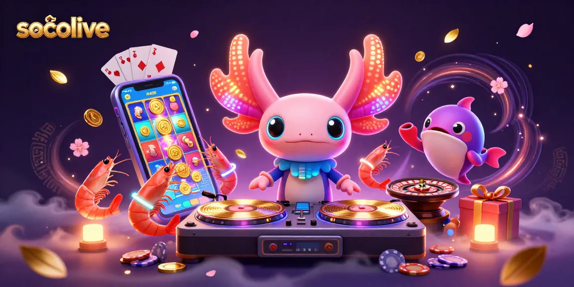 Socolive unveils an energetic scene with a neon axolotl DJ and gaming visuals, showcasing vibrant casino action