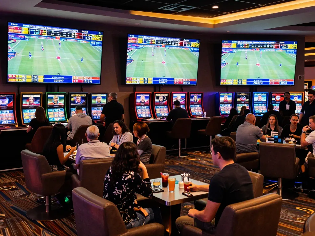 Kèo nhà cái 5 chuẩn sports betting lounge with excited spectators discussing betting odds and strategies