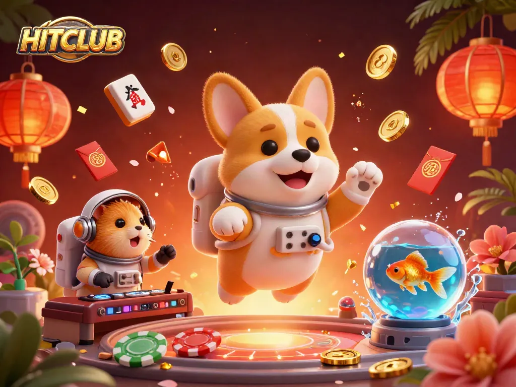 Experience thrilling gameplay with HITCLUB in a vibrant casino scene featuring playful characters and dynamic elements.