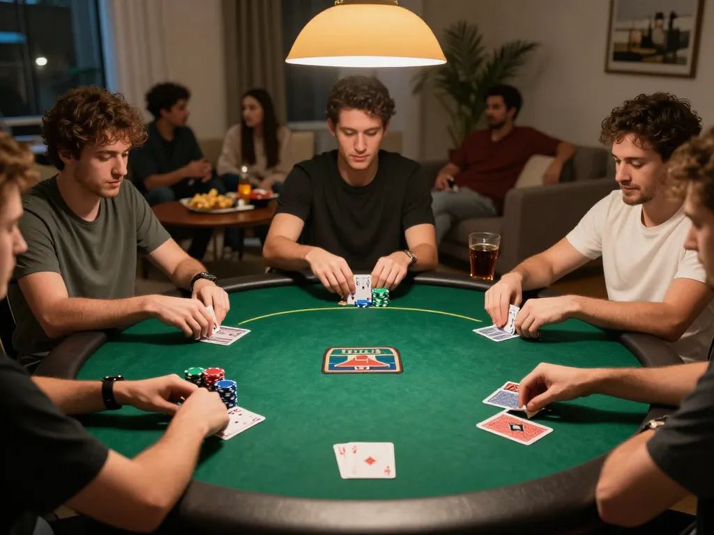 Hit club gameplay at a friendly home poker night, showcasing intense player engagement and strategic betting.