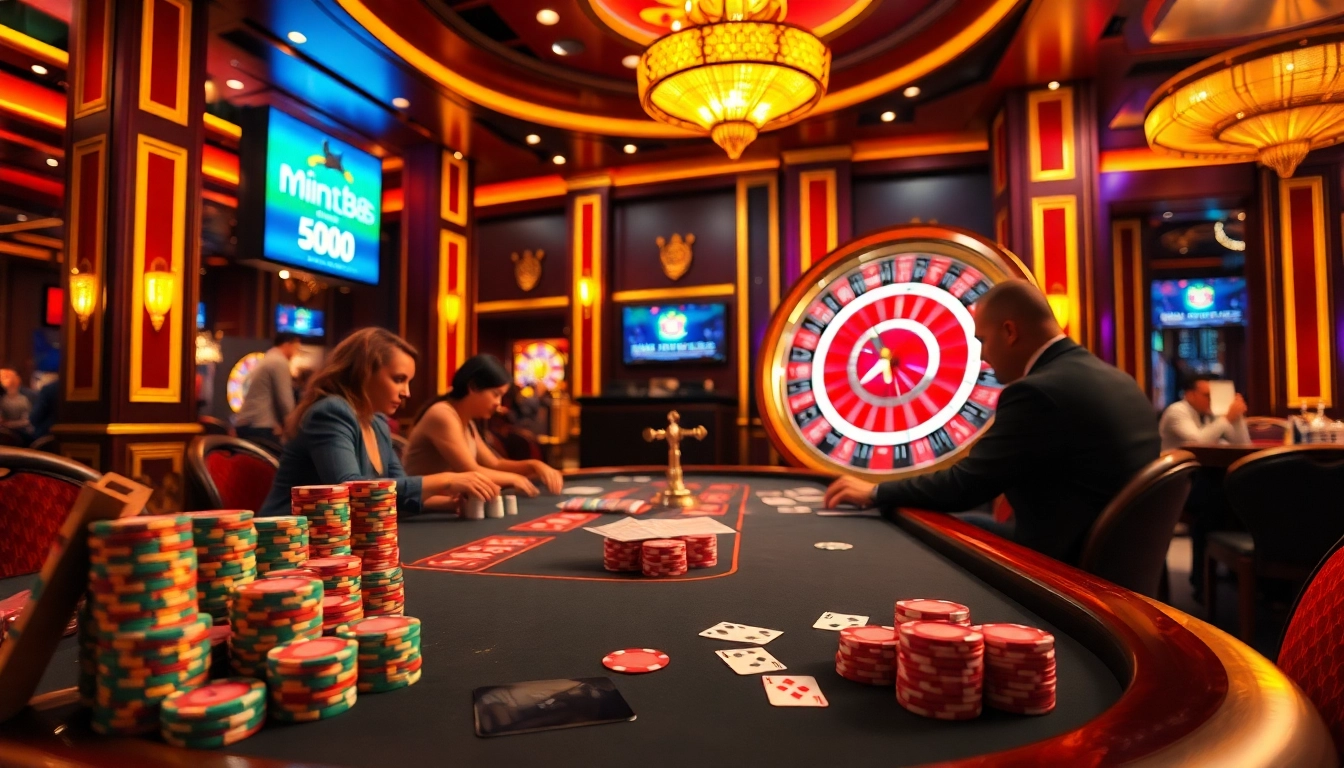 Experience the thrill of gambling at mint88's luxurious poker table, featuring vibrant chips and cards.