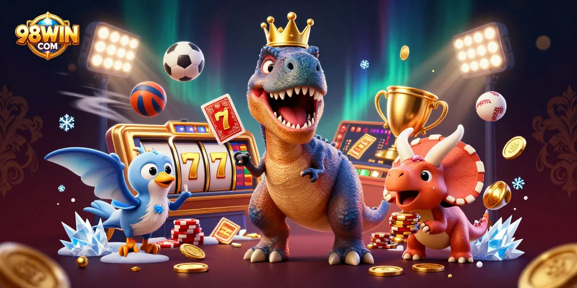 Join the fun with 98WIN COM as a T-Rex shuffles cards in a vibrant casino scene!