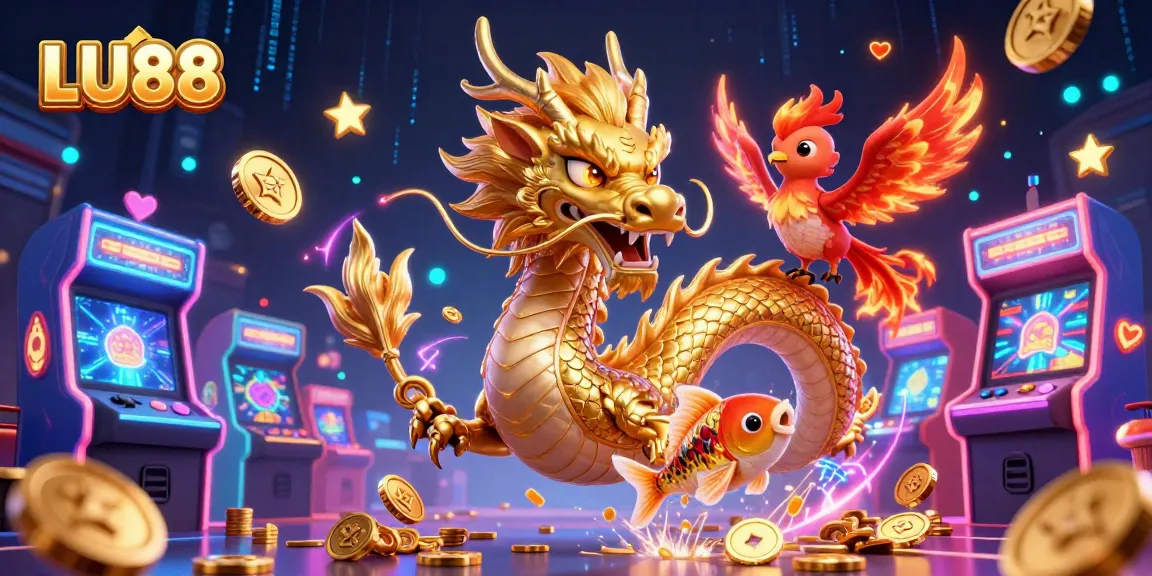 Experience LU88's thrilling gaming world with vibrant dragons, phoenixes, and coins in motion.