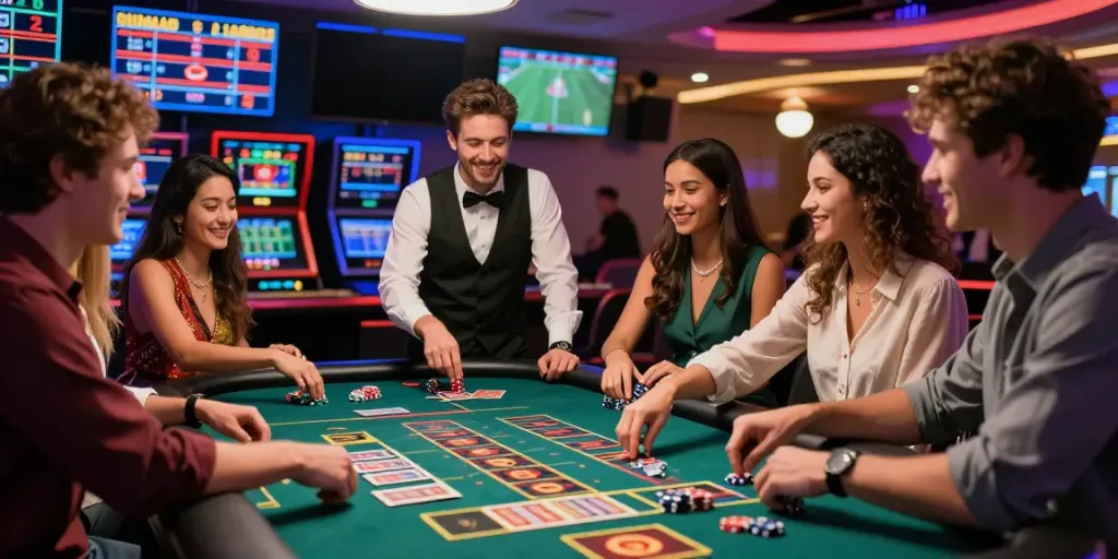 Friends celebrate their win at FC88 casino roulette table with vibrant ambiance.