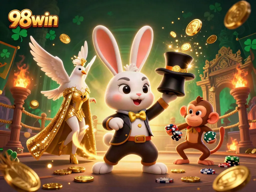 Experience the magic of 98win as a cartoon rabbit pulls coins from a top hat amidst vibrant casino elements.