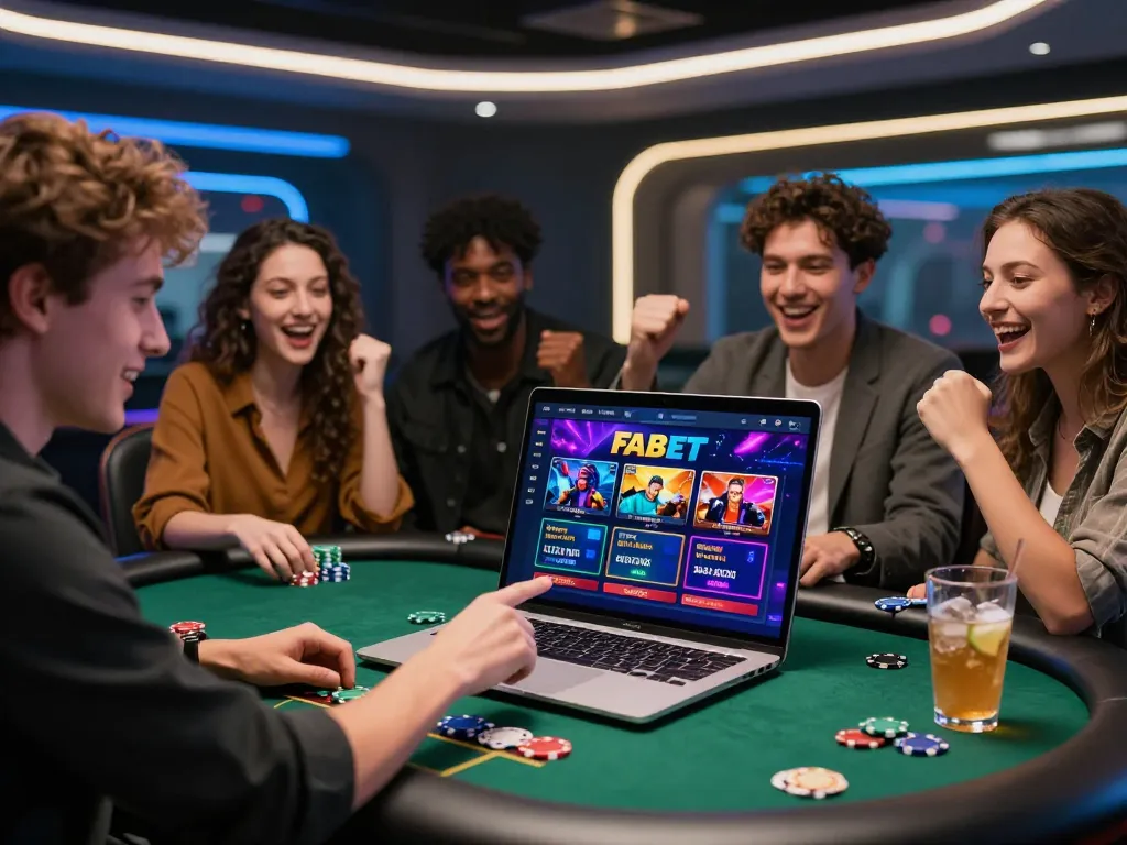 Friends engaged in an exciting FABET online betting experience with vibrant graphics.