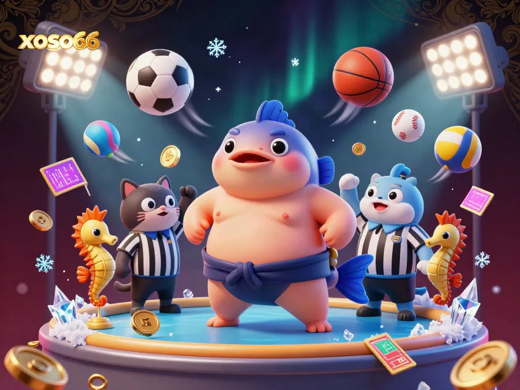 Engage with the vibrant underwater scene of xoso66 featuring a fugu in a sumo belt and interactive sports elements.