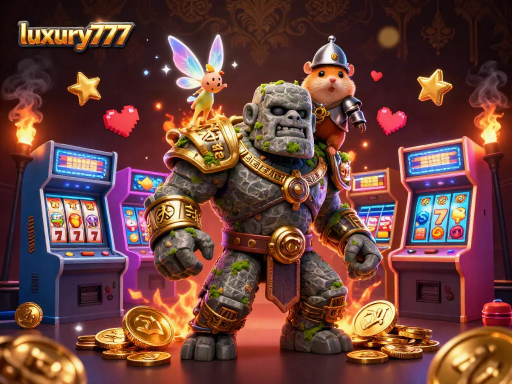 Experience the thrill of gaming with luxury777's dynamic casino visuals featuring a golem guardian and arcade elements.