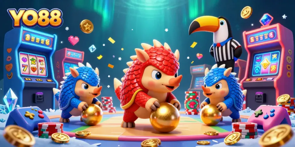 Experience thrilling gameplay at YO88 with lively pangolins rolling poker chips in a casino-themed 3D scene.