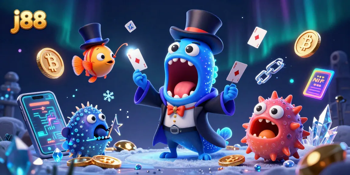 Engage with j88's thrilling casino magic scene featuring unique characters and vibrant crypto elements.