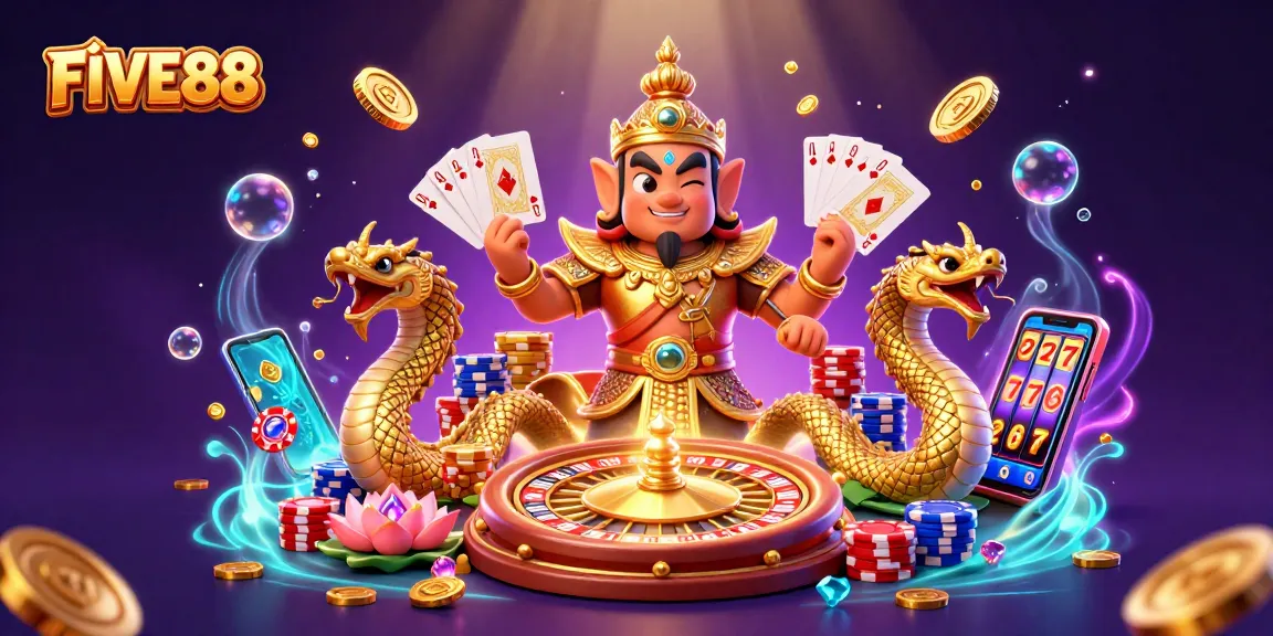Experience exciting gaming at FIVE88 with characters, coins, and roulette in a vibrant casino scene.