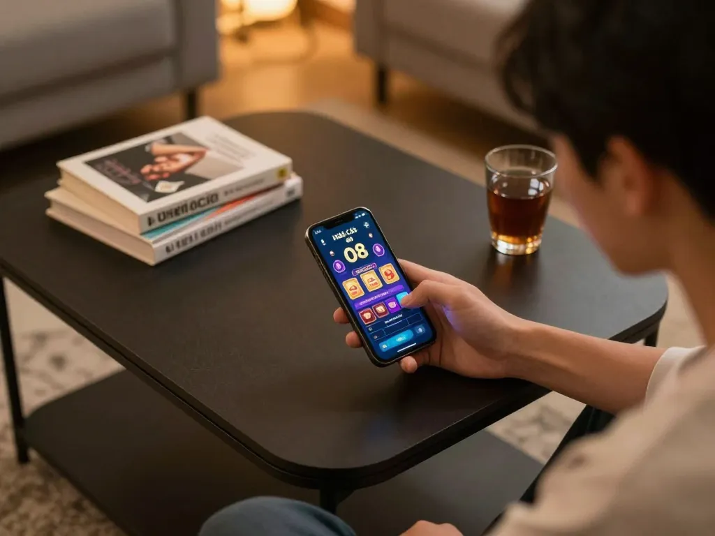 Player engaging with Nhà Cái O8 mobile app in a cozy home environment, illustrating responsible online gambling.
