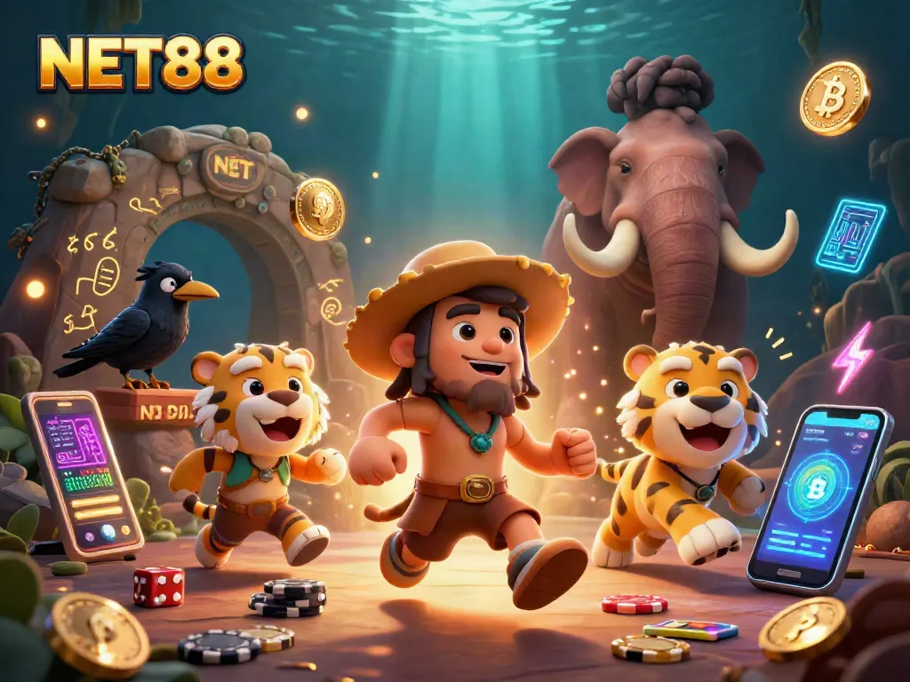 Engage with NET88 in an electrifying prehistoric casino scene filled with crypto elements.