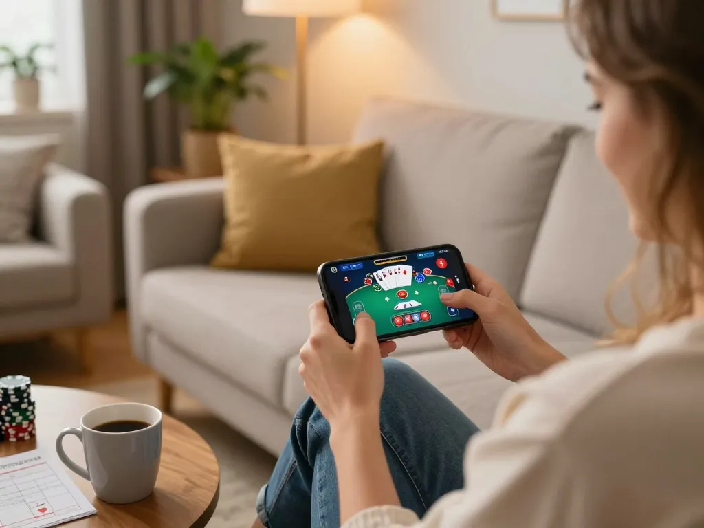 Engaging in mobile poker on https://f168.win/ from a cozy living room with chips and strategy notes.