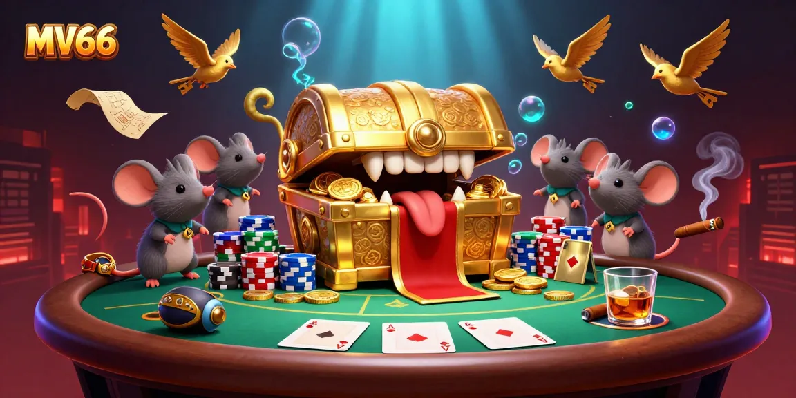 Engage with MV66 in this vibrant casino adventure featuring rich illustrations of games, treasure, and excitement.