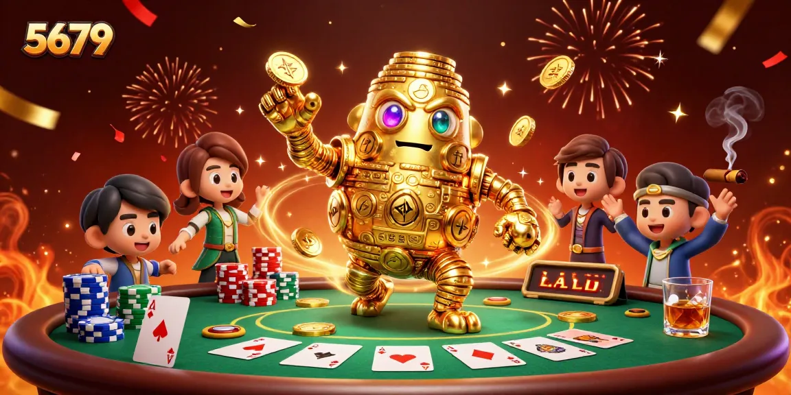 Experience thrilling gameplay with 5679's unique golden golem amidst poker elements and vibrant celebrations.