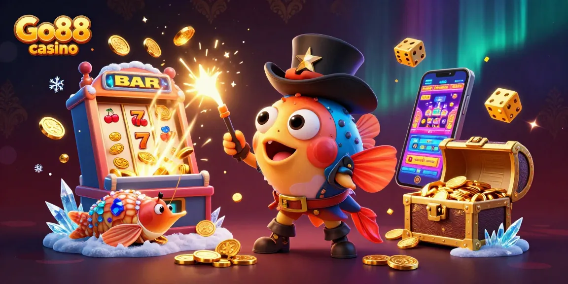 Engage in thrilling entertainment at Go88 casino with a vibrant 3D illustration showcasing dynamic gaming elements.