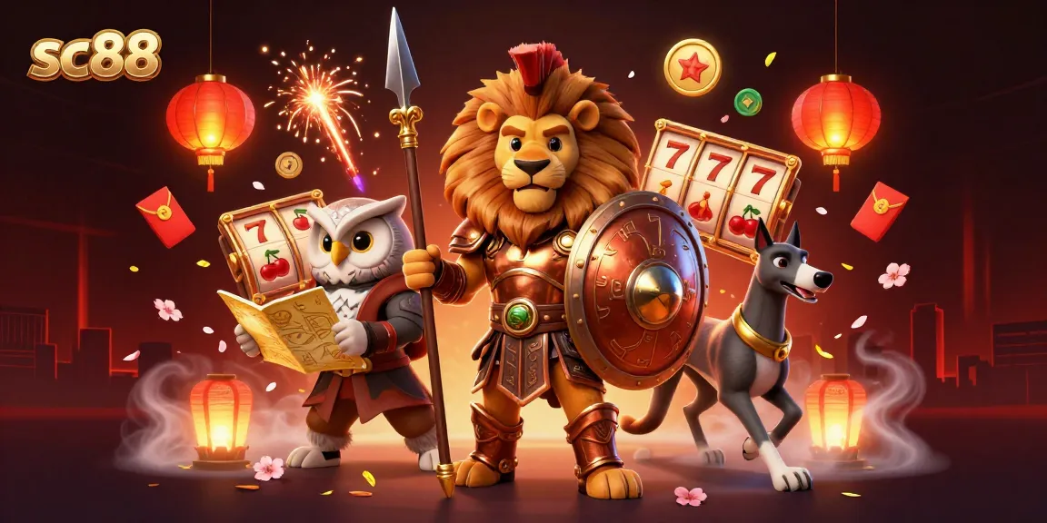 Spin the reels and win big with sc88's slots featuring a Spartan lion, owl strategist, and golden coins.