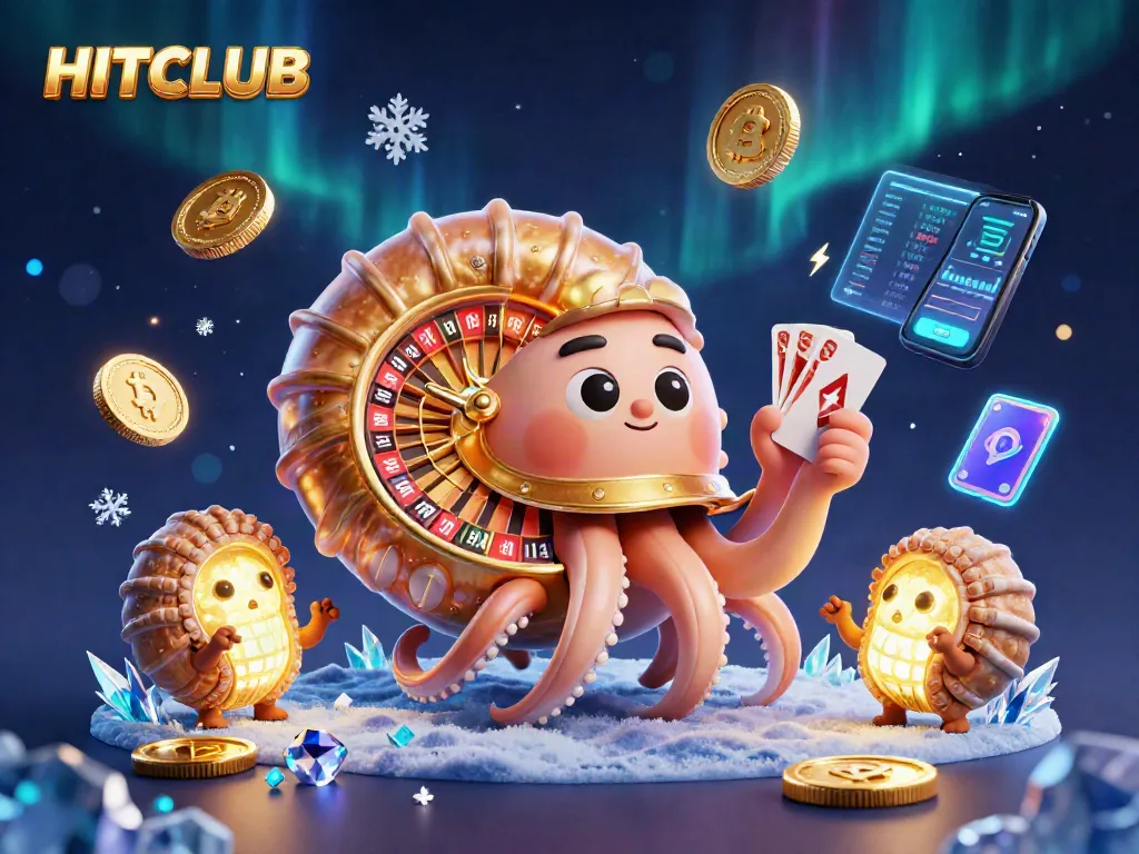 Engage with HITCLUB's vibrant casino scene featuring a golden roulette wheel and crypto elements.