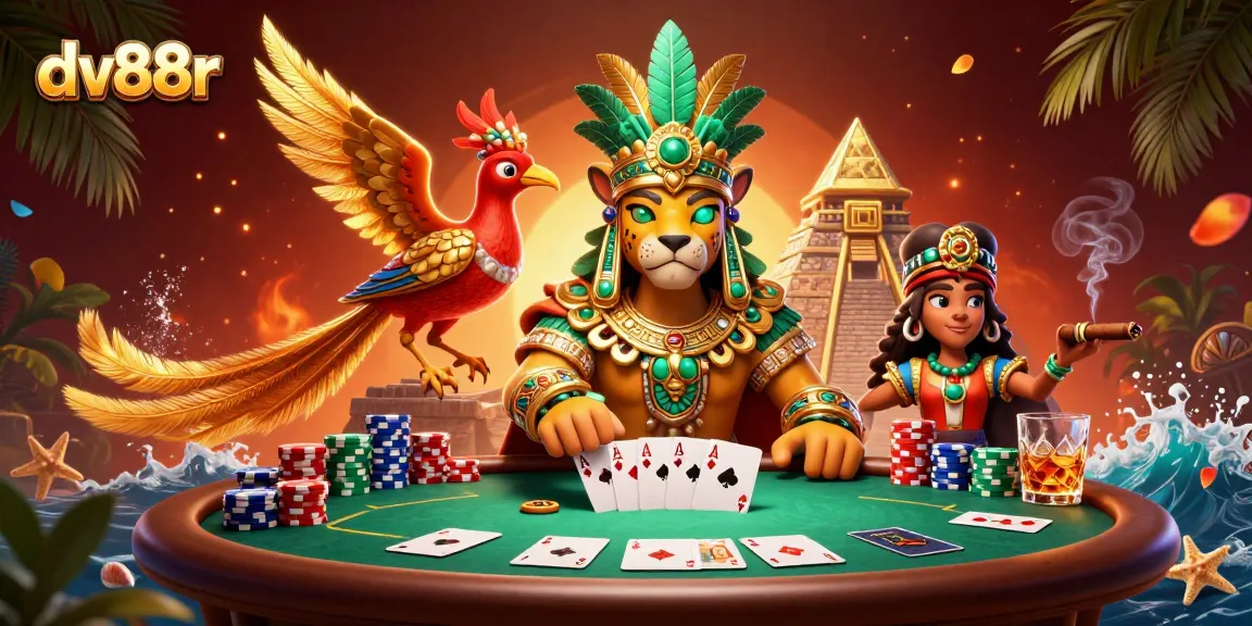 Engage in thrilling poker action with dv88r in this illustrated casino scene.