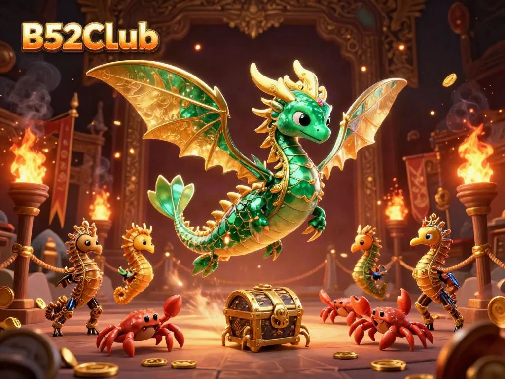 Engage in thrilling gameplay with B52CLub, featuring a majestic sea dragon and treasure chest.