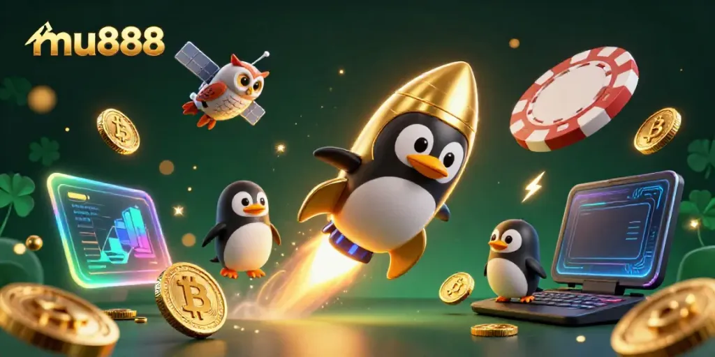 Engage with casino fun through mu888's vibrant 3D penguin rocket illustration, showcasing gaming excitement.