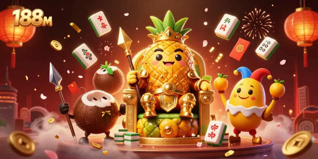 Engage with the thrilling world of 188 M in this vibrant casino scene featuring a pineapple king and entertaining characters.