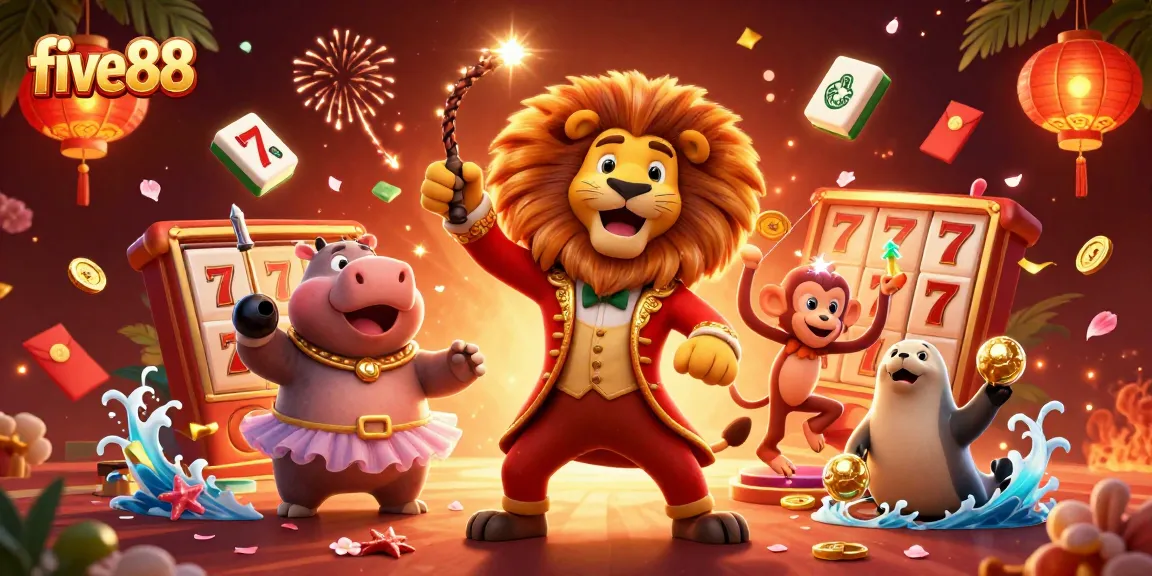 Experience exhilarating gaming with five88, featuring vibrant characters amidst slot reels and festive elements.
