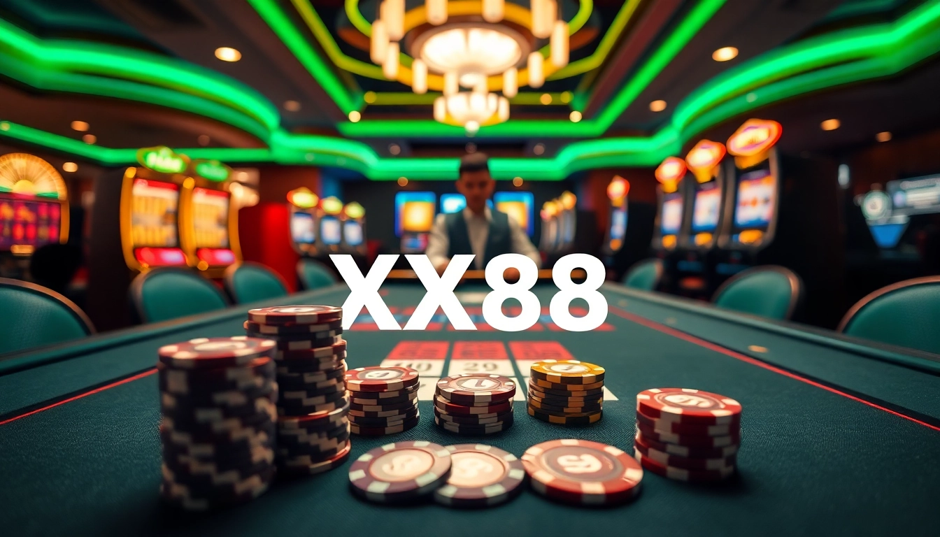 Experience thrilling gameplay at XX88 with vibrant casino elements like poker chips and slot machines.