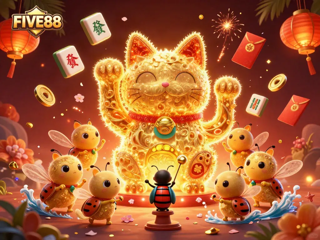 Engage with FIVE88's vibrant casino world featuring golden fireflies and lucky cat symbols.