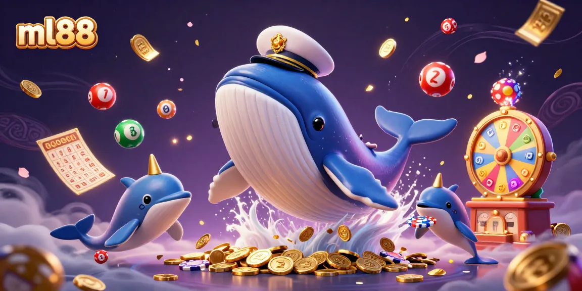 Engage in exciting games at ml88, featuring a whimsical whale and dazzling casino elements.