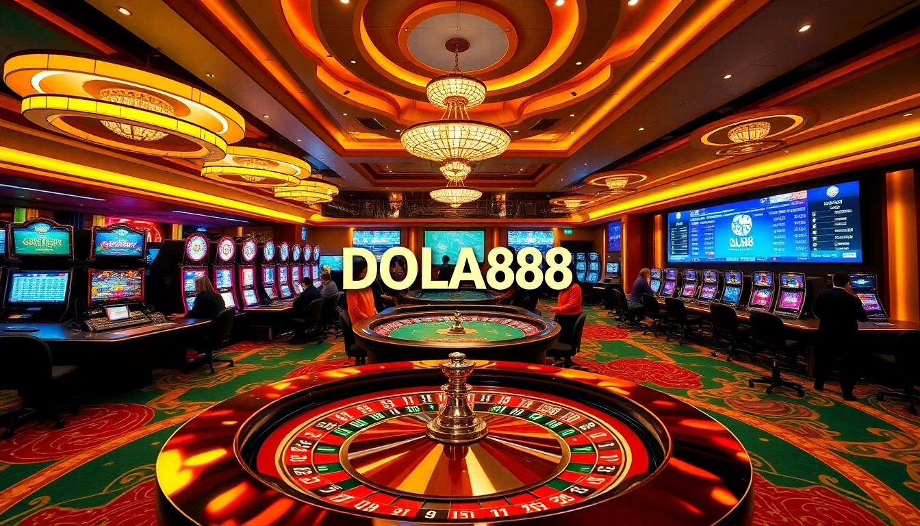 DOLA88 casino scene with roulette wheel, vibrant atmosphere, and professional gambling environment.