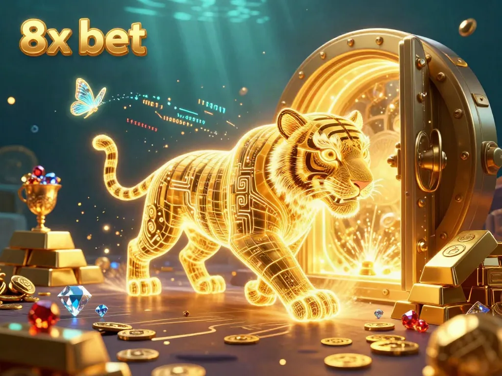 Engage with the vibrant 8x bet universe where a golden tiger and holographic butterflies roam a dazzling digital casino landscape.