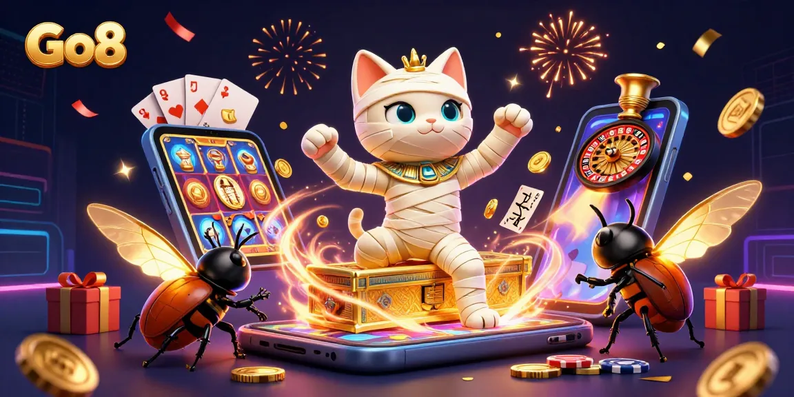 Experience thrilling gaming at Go8 with an Egyptian mummy cat and dynamic casino elements.