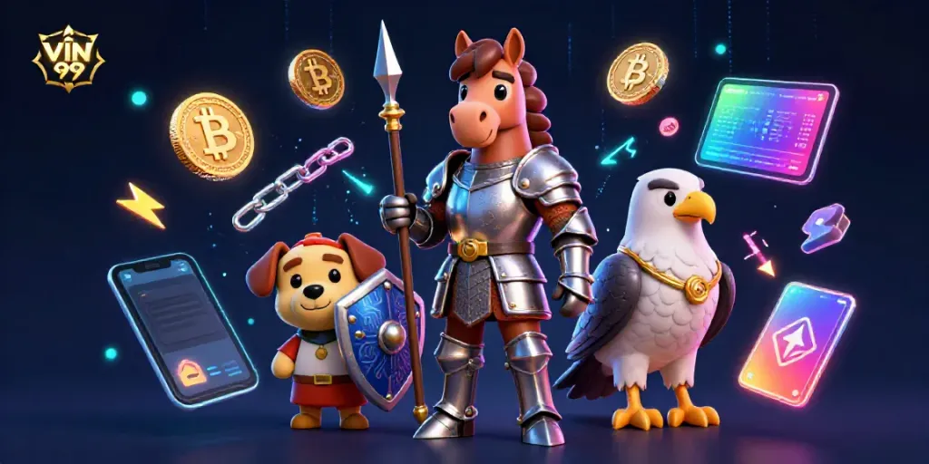 Experience the dynamic world of VIN 99 gaming with knights and crypto elements in a vibrant 3D illustration.