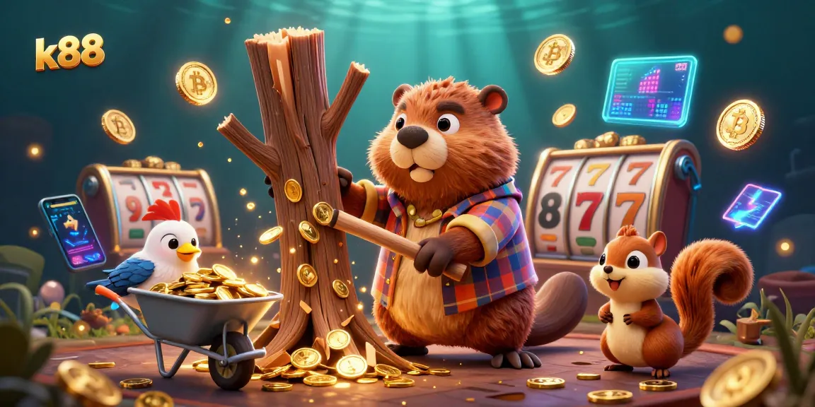 Experience thrilling wins at k88 with a beaver chopping a coin tree in a dynamic casino scene.