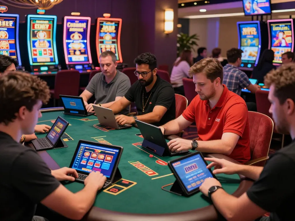 Players enjoying online games at MAY88 casino with vibrant graphics and lively atmosphere.