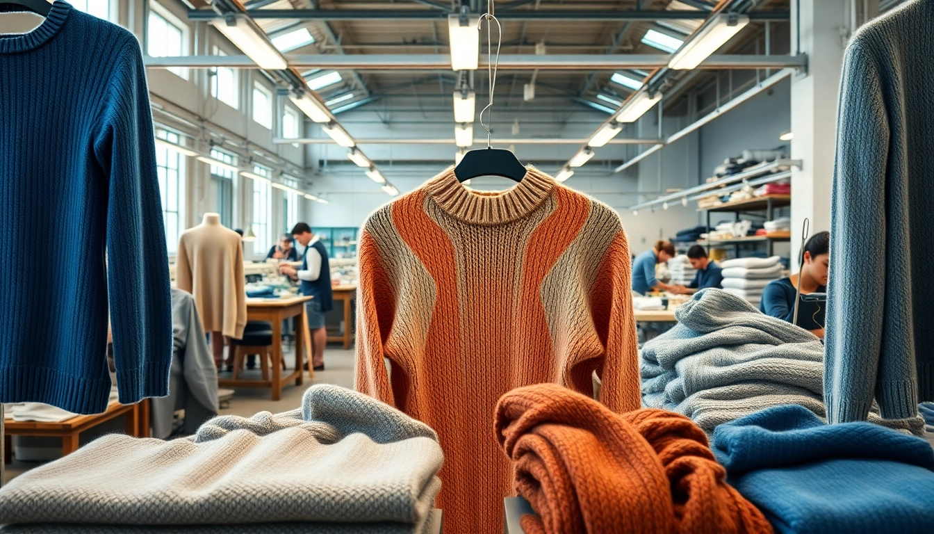 Custom Apparel Manufacturer showcasing vibrant knitwear with skilled workers crafting in a dynamic atmosphere.