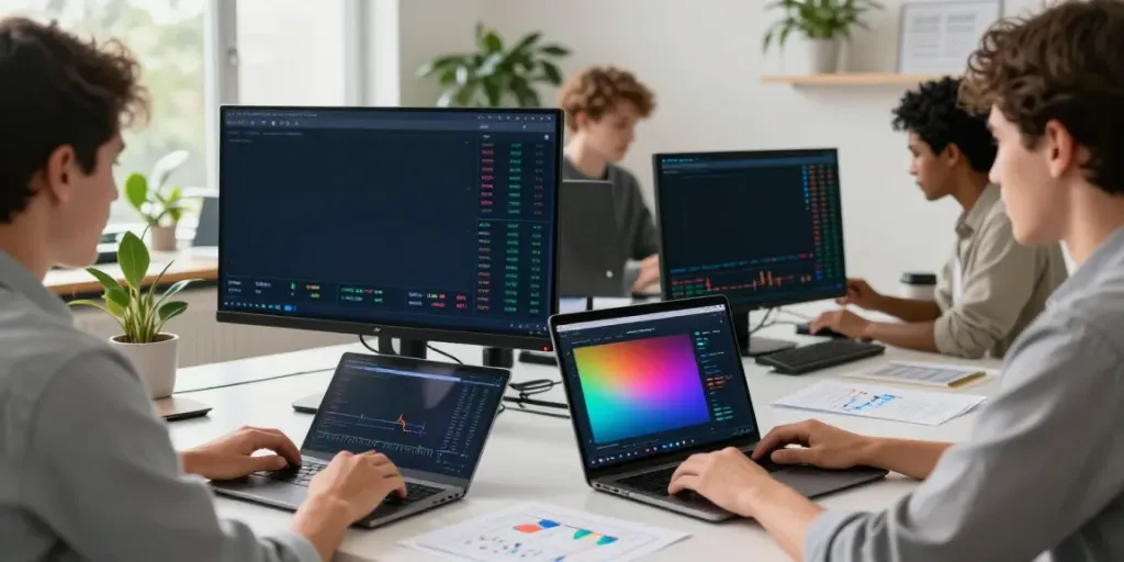 Traders using quantumaiplatform.ca in a modern office for cryptocurrency trading