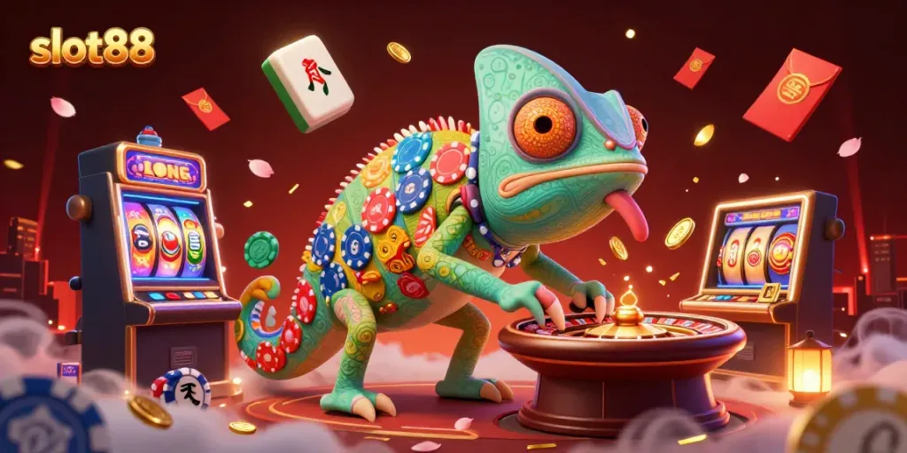 Experience excitement with slot88 as the chameleon casino owner captures golden coins in a vibrant casino scene.
