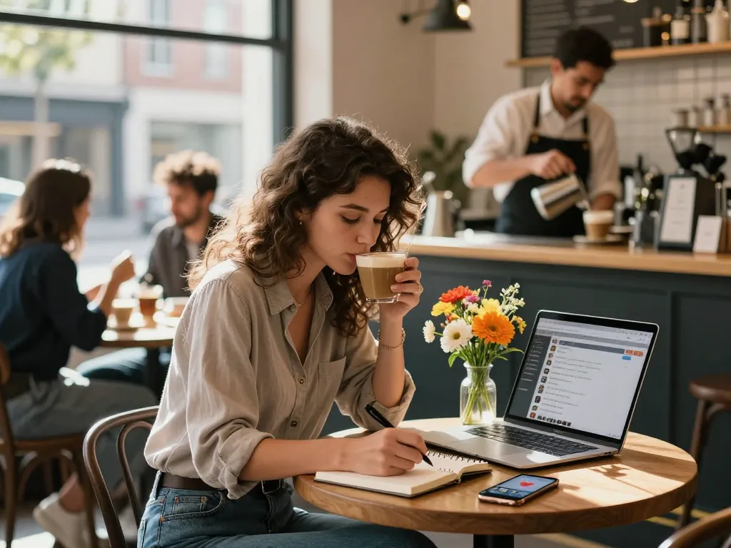 Young woman enjoying coffee while writing about her crush on someone in a cozy café