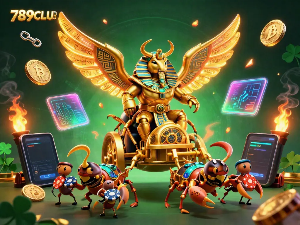 Experience the excitement of 789CLUB with a dynamic illustration showcasing a golden scarab beetle and exciting casino elements.