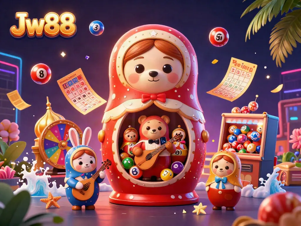 Engage with Jw88 by enjoying colorful lottery excitement in an energetic casino-themed illustration.